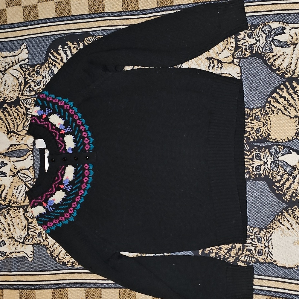 Barry Ashley Women's Black Sweater with Colorful Pattern Sheep Vintage Hg13